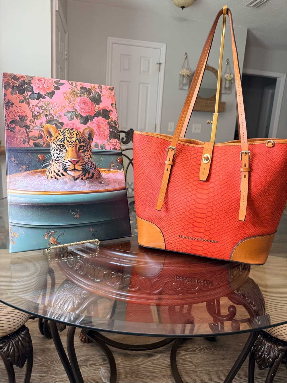 Dooney & Bourke Coral-Orange Tote with Tan Leather Trim